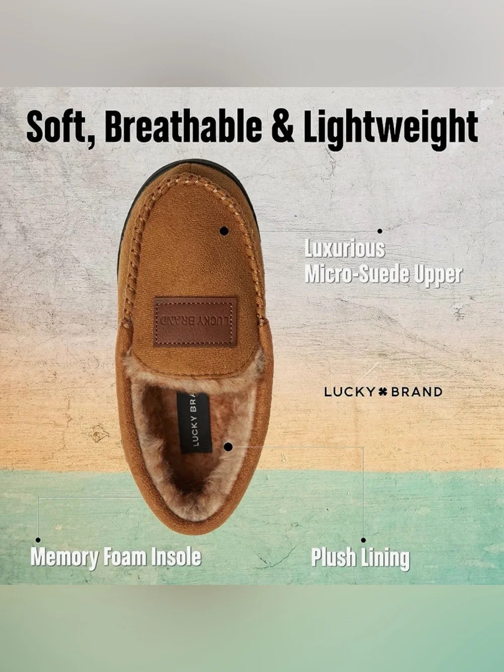 BNWOT Lucky Brand Boys Big Kid SZ6 Tan Faux Fur Moccasin Slippers Indoor/Outdoor